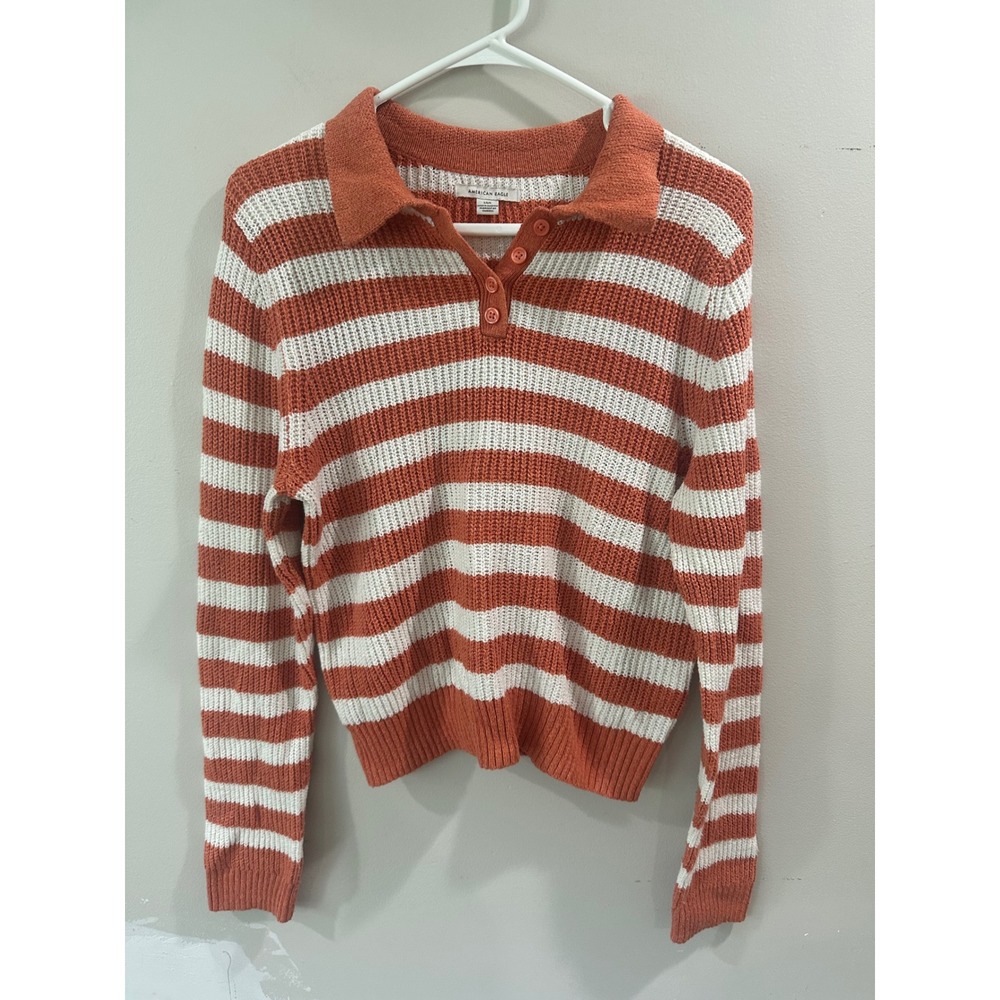 American Eagle Striped Knit Polo Sweater Orange White Large Long Sleeve Cropped